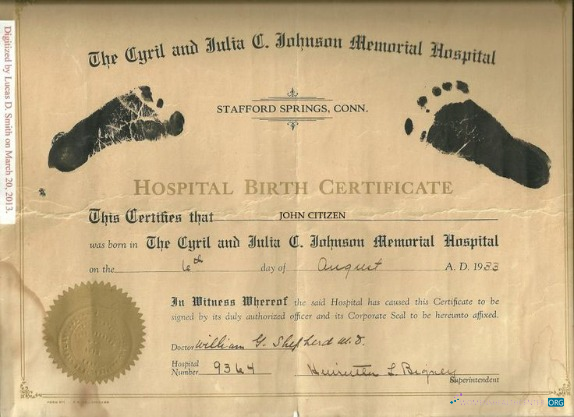 Download United States Cyril and Julia Johnson Memorial hospital birth certificate Photoshop template